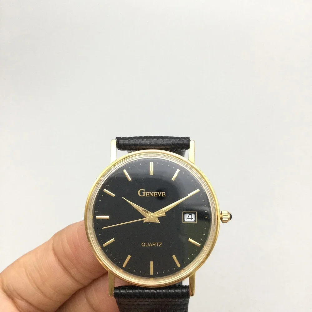 Vintage Geneve Mens Watch 33mm Black Dial Date 14K Gold Leather New Battery